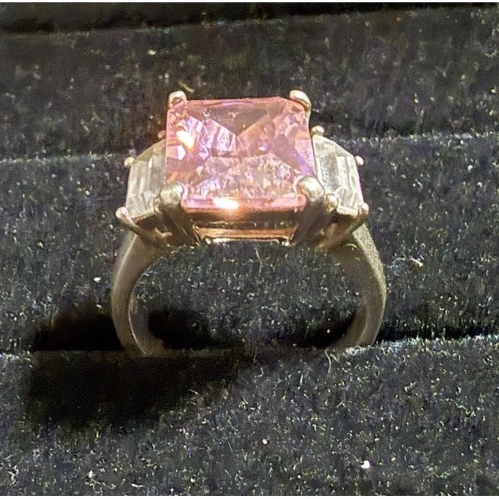 Large Statement Sterling Silver Faceted Pink Ring size 8
